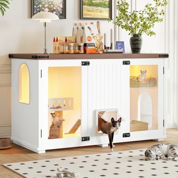 LifeSky Hidden Litter Box Furniture: 3-in-1 Cat Cabinet Side Table - Smart Door with 4 Modes & LED Light for Living Room - Holds 2 Litter Boxes & 110lbs Top Weight