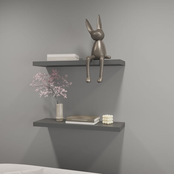 LifeSky Iva Floating Shelf Set of 2 for Small Apartments: Flush Wall Design Adds 0 Inches to Room Space - Living Room Organization for Books and Decor - Matt Grey Melamine