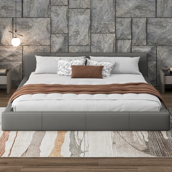 LifeSky King Size Upholstered Bed Frame with 600lbs Capacity: No Squeak, No Box Spring Needed - Heavy Duty Support for Couples & Families - Gray Faux Leather, Easy Clean