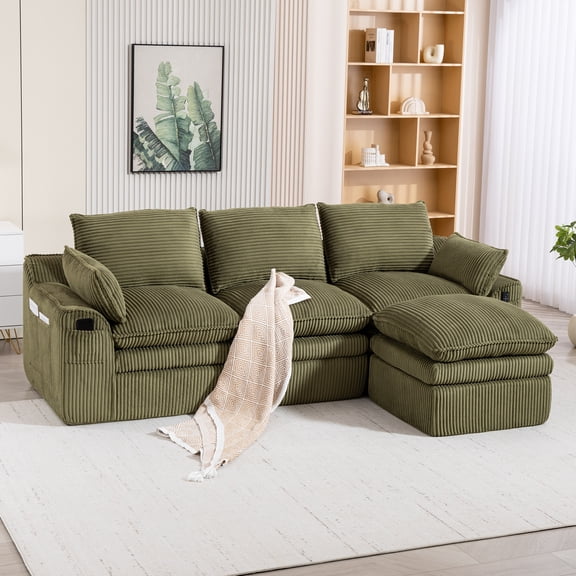 LifeSky L Shaped Modular Sectional Sofa for Moving Day Relaxation: Zero Assembly  Unbox, Fluff, and Sit in 5 Minutes  Modern Corduroy Couch with Movable Footstool, 3 Pillows, 2 Lumbar Pillows