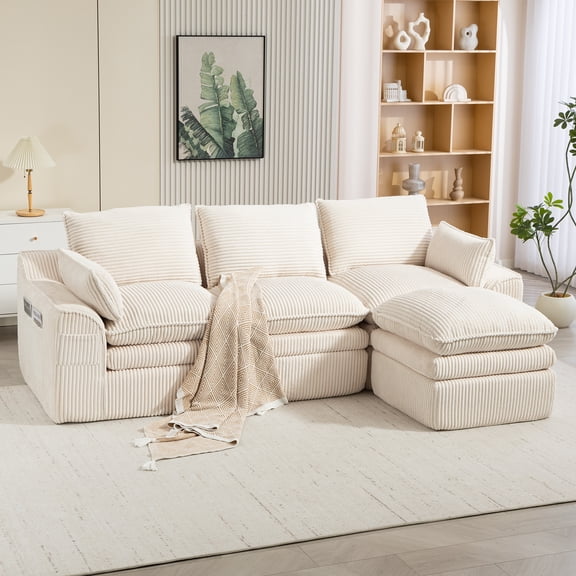 LifeSky L Shaped Modular Sectional Sofa for New Apartment Move-In: Instant Seating in 3 Min, No Tools - 900 lbs Capacity - Corduroy Couch with Movable Footstool & 5 Pillows