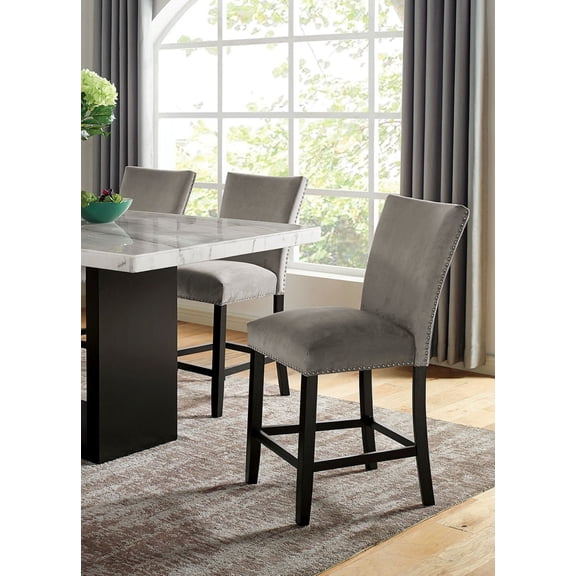 LifeSky Light Gray Flannelette Counter Height Chairs 2 Piece Set with Nailhead Trim for Family Dinner Parties: Stays Firm for 2-Hour Meals  Solid Wood Legs Support 350 lbs  Easy 15-Min Assembly