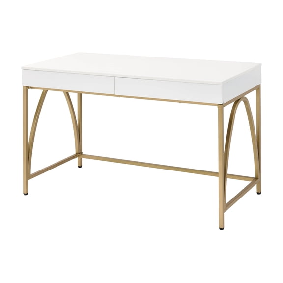 LifeSky Lightmane White High Gloss Writing Desk with Gold Legs for Home Office Video Calls: 2 Drawers for Clutter-Free Workspace - 50-Inch Modern Desk for Small Apartments