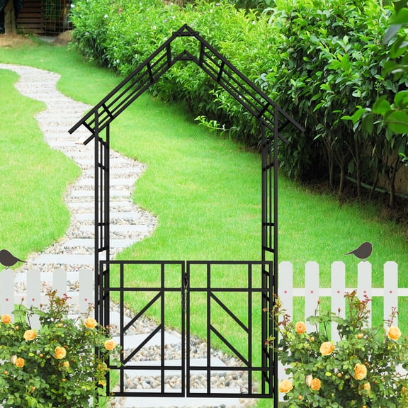 LifeSky Metal Garden Arch with Gate for Backyard Privacy: Blocks 50% More View in 1 Hour - House-Shaped Arbor for Climbing Roses & Vines - Outdoor Rust-Resistant Entryway for Garden Parties