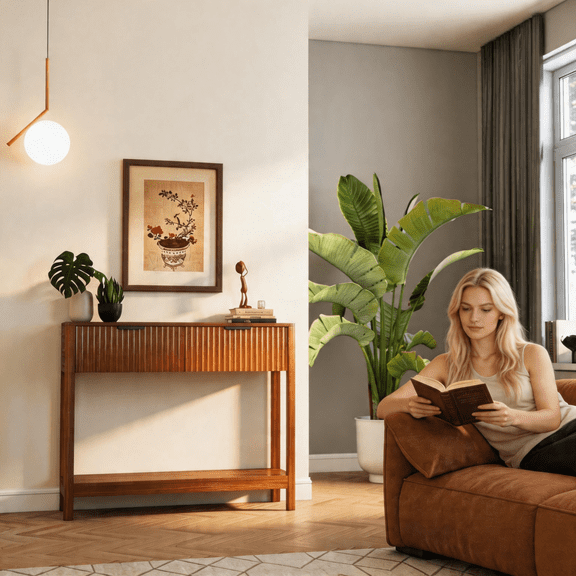 LifeSky Mid-Century Modern Fluted Console Table with 2 Drawers & Open Shelf for Robot Vacuum: 4.13" Clearance for Mainstream Vacuums - Daily Entryway Storage - Walnut Narrow Sofa Table