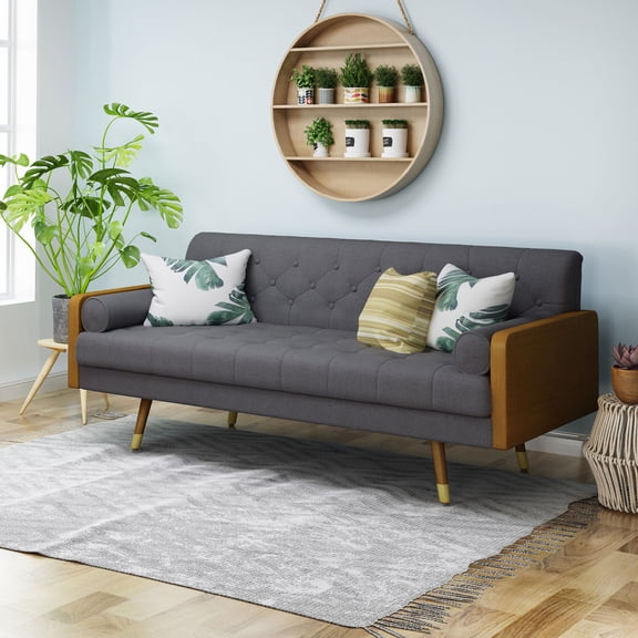 LifeSky Mid Century Modern Tufted Fabric Sofa for Small Apartment Living Room: 1-Hour Setup, Ready for Weekend Guests - Grey, Splayed Gold-Tipped Legs, Diamond Button Tufted, Bolster Pillows Included