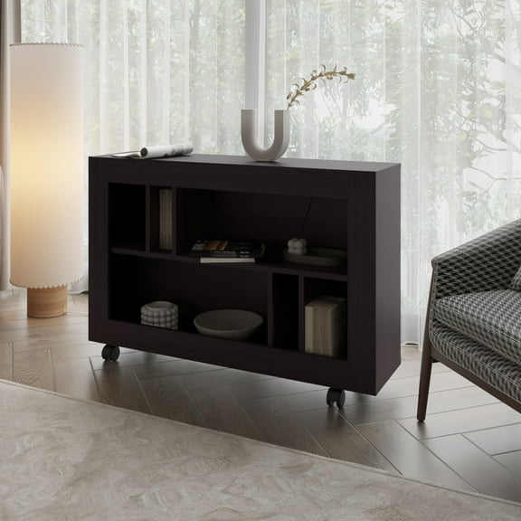 LifeSky Mobile Console Table with Wheels for Small Apartment Living Room: Moves from Sofa to Balcony in Seconds - Weekend Movie Snacks & Book Storage - Scratch-Resistant Melamine Open Shelving