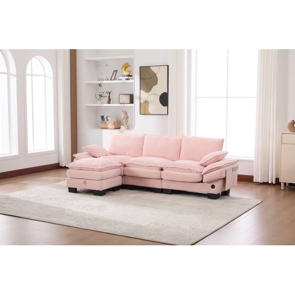 LifeSky Modular Cloud Sectional Sofa for Small Apartments: 5-Min Setup, 6-Person Seating, Deep Seat Corduroy with USB Ports & Storage Footstool - L-Shape or U-Shape Configurable for Party Hosts