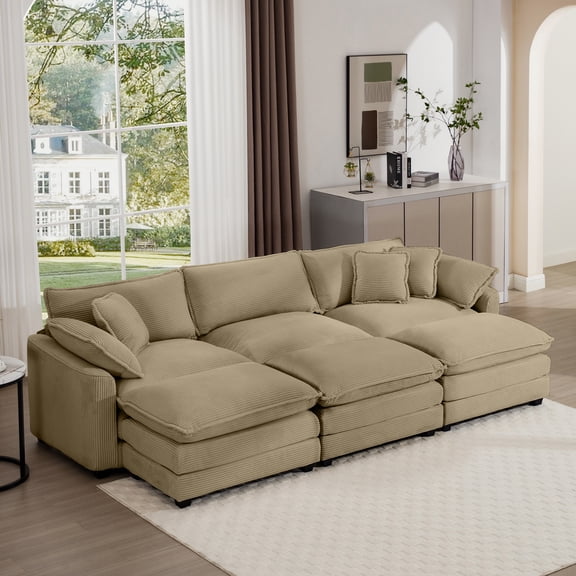 LifeSky Modular Corduroy Sofa Set for Small Apartment: 5-Min Assembly, Fits 1.8m Elevator - Deep Seating L-Shaped with Ottoman - Low Back Design for Window View