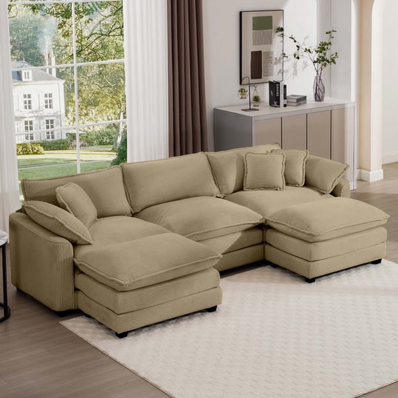 LifeSky Modular Sectional Sofa with Ottoman for Small Apartment Living Room: 4 Seat Configuration in 10 Minutes - Friends Gathering Overnight - Low Back Deep Seating Corduroy Set