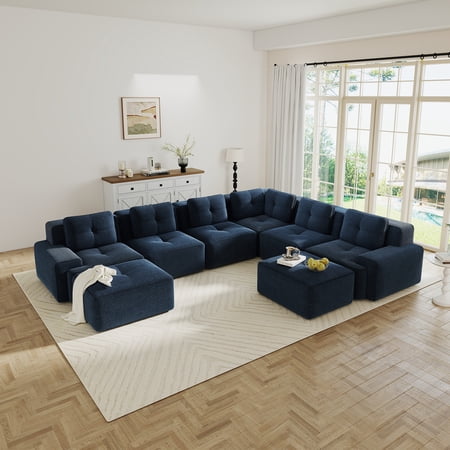 LifeSky Modular Sectional Sofa for Living Room: 6-Seater Corduroy Couch with 2 Movable Ottomans, No Assembly, V-Shaped, Blue