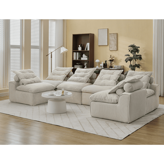 LifeSky Modular Sofa Set 6 Seats with Pillows: DIY Sectional Sofa No Armrests Corduroy Fabric - Compact Design for Small Apartments & Creative Workspaces