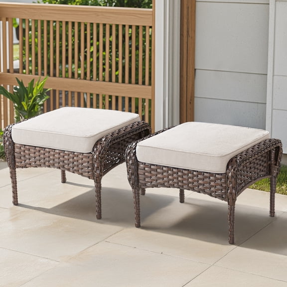 LifeSky Outdoor PE Wicker Ottomans Set of 2 for Backyard Entertaining: 4-in-1 Footrest Extra Seat Side Table - Stable 250 lbs Capacity - Weekend BBQ Deck Patio
