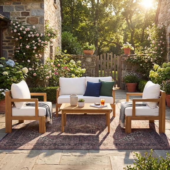 LifeSky Outdoor Patio Chat Set 4-Seater with 6" Cushions & 7" Back: Supports 3+ Hours Comfortable Seating - Weekend Afternoon Barbecue with Friends - Water-Repellent Fabric Covers