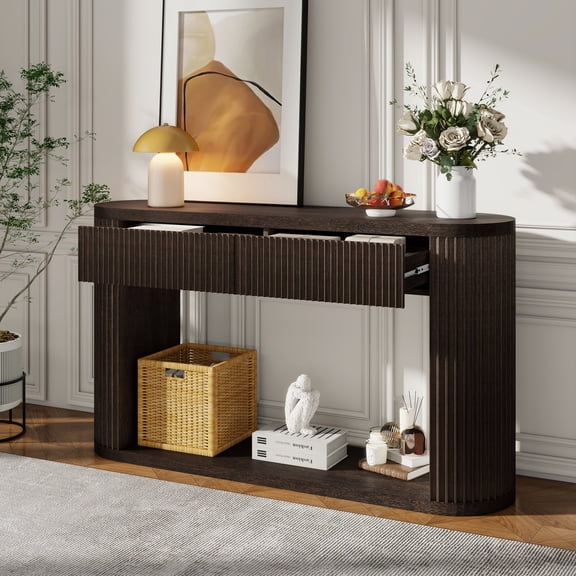 LifeSky Oval Fluted Console Table with 2 Drawers for Entryway Living Room: 30-Min Quick Assembly Hidden Storage Solution - Hosting Stress Relief - Smooth Metal Slides Sturdy Wood Frame 220LBS