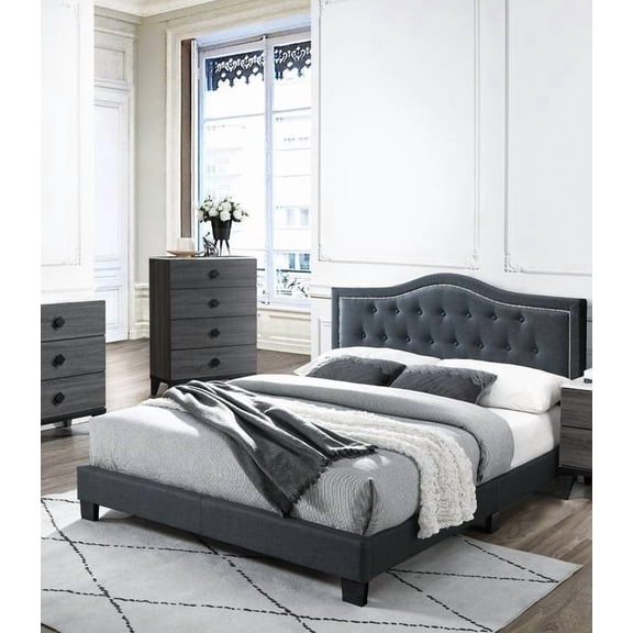 LifeSky Queen Bed Frame with Button Tufted Headboard for Couples: No Box Spring Needed, Soft Padded Support Soothes Neck Pain While Reading in Bed  European Charcoal Finish with Sturdy Wood Slats
