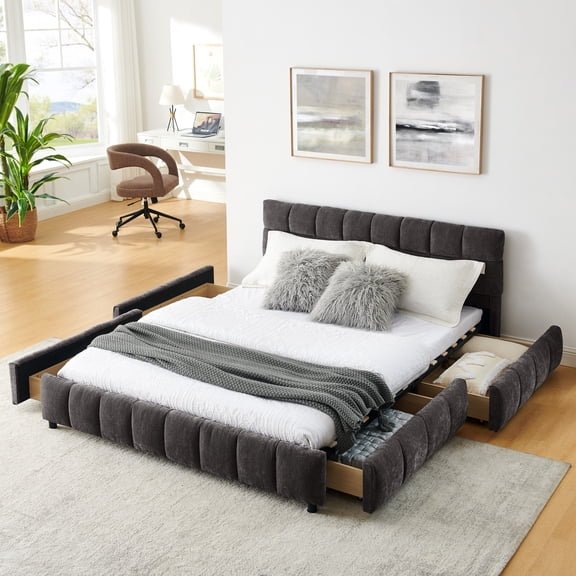 LifeSky Queen Upholstered Bed with Drawers for Small Apartment Storage: 3 Roll-Out Drawers Save Space - No Bending for Bedding - Chenille, Wooden Slats, No Box Spring