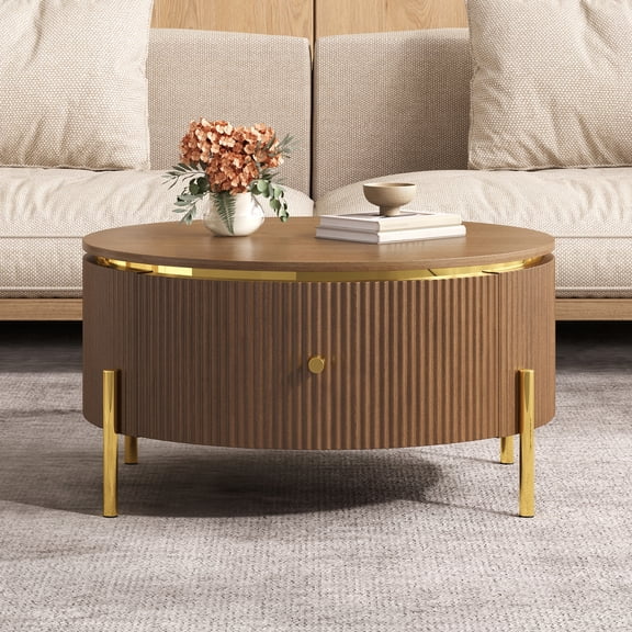LifeSky Round Coffee Table with 2 Large Drawers for Small Living Room: Hide Clutter in 10 Seconds - Guest Ready Living Room - Modern Design with Gold Accents