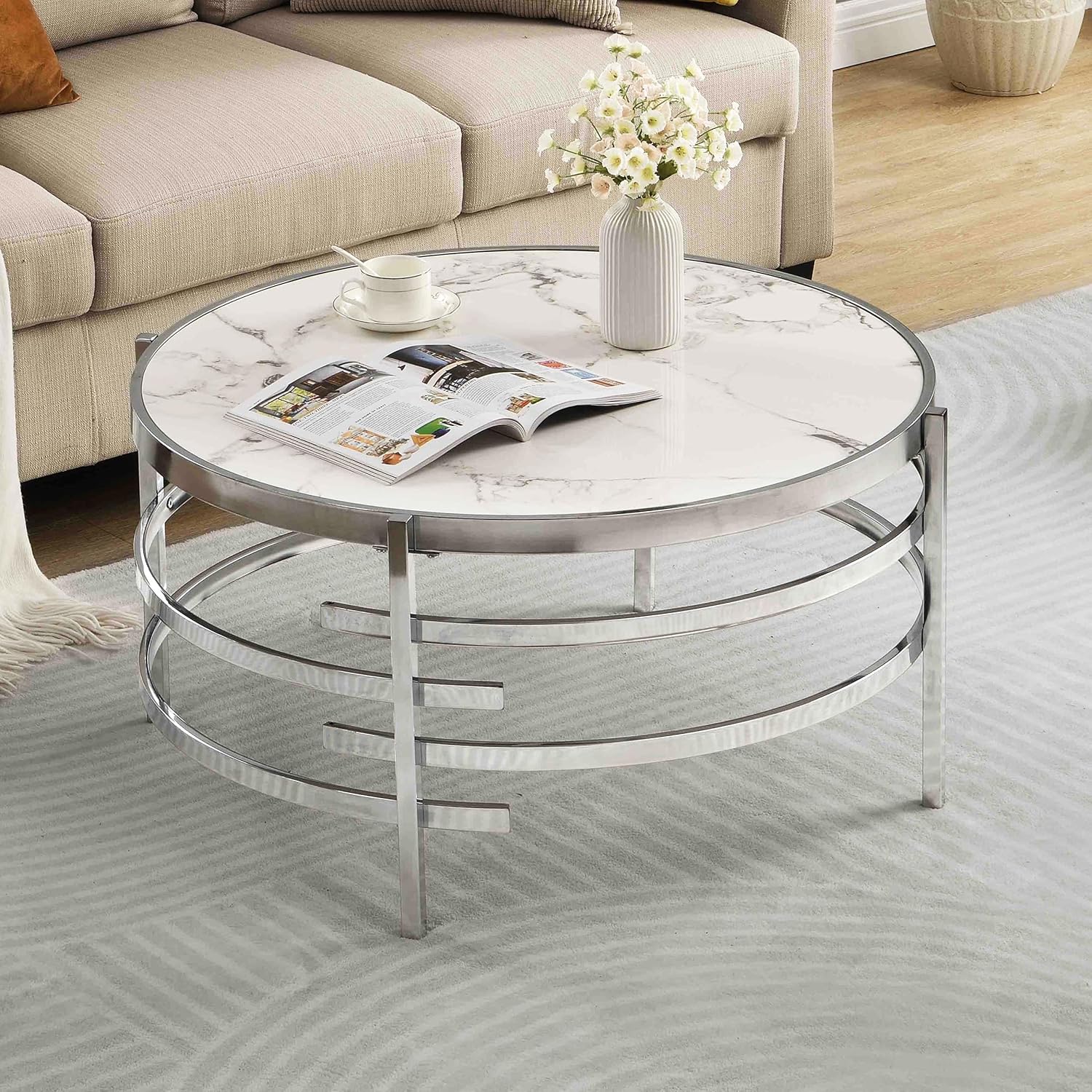 LifeSky Round Faux Marble Coffee Table with Gold Metal Frame - Walmart.com