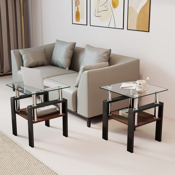 LifeSky Set of 2 Tempered Glass End Tables for Small Living Room: Holds 155 lbs Safely - Nighttime Work & Coffee by Sofa - MDF Storage Layer, Easy Clean