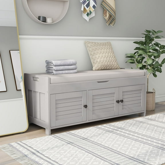 LifeSky Shutter Storage Bench with Hidden Seat Storage for Entryway Organization: 1 Second Hide Clutter - 30 Seconds Tidy Foyer Before Guest Arrivals - 250 LBS Capacity Removable Cushion