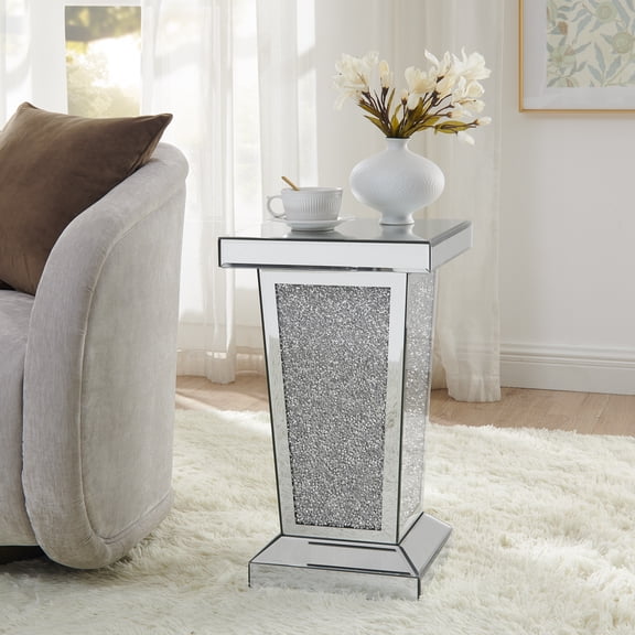 LifeSky Silver Mirrored End Table with Crystal Inlay for Small Living Room: Visually Expands Space by 30% - Compact 13.8" Square Side Table for Cozy Corners - Modern Accent for Apartments & Entryways