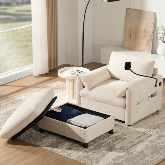 LifeSky Single Sofa with Storage Ottoman: All-in-1 Relaxation Station - 5-Square-Foot Space Maximizer with Phone Holder & Charger for Apartment Living Room - Comfy Chenille Armchair