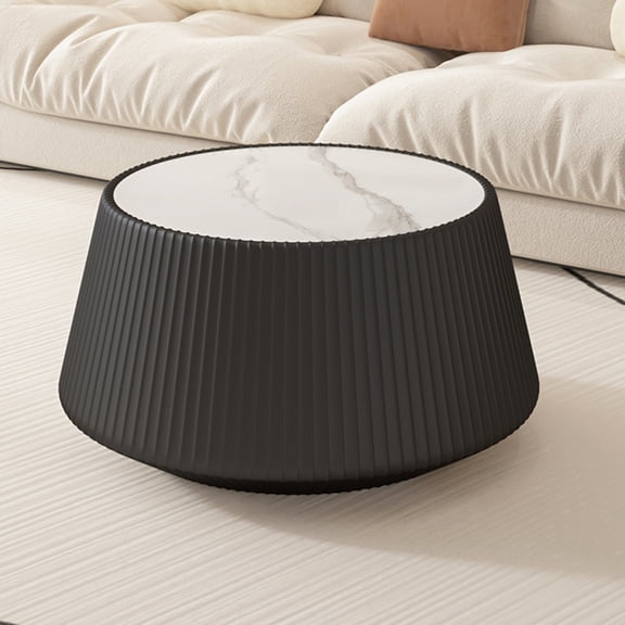 LifeSky Sintered Stone Coffee Table for Living Room: Unique Grey Pattern, Heat & Scratch Resistant - 26.77" Round Cup Shape PU Leather & Metal Leg Modern Sofa Table for Apartment, No Assembly
