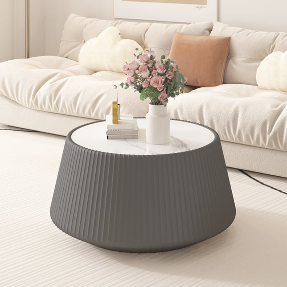 LifeSky Sintered Stone Round Coffee Table with Unique Grey Pattern for Stylish Living Room: No Assembly - 26.77" Diameter Conversation Starter - Modern Cup Shape with Ribbed Leather Body