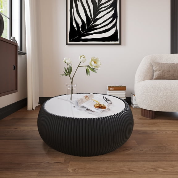 LifeSky Sintered Stone Top Drum Coffee Table, Round 27.55 Inch, Leather Wrapped Frame, No Assembly Required for Living Room