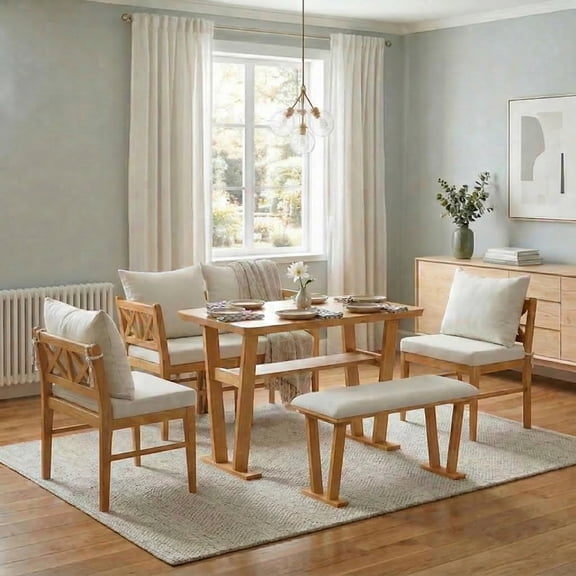 LifeSky Small Farmhouse Solid Wood Kitchen Nook Dining Table Set for 6 - Corner Design Seats 6 in 1.2m L-Shaped Space - 39" Table with 2 Corner Chairs & Bench - Compact Dining Solution