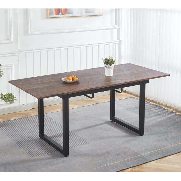 LifeSky Small Space Extendable Dining Table 55 to 71 Inches for 4-8 People: 10 Second Quick Extension - Apartment Living Room Kitchen - Modern Walnut & Black Metal Legs - Easy Assembly