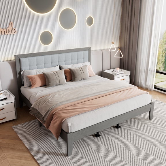 LifeSky Solid Wood Platform Bed King Size with Upholstered Headboard: 800 lbs No Box Spring Needed - Silent Sleep Without Squeaks - 30-Minute Quick Assembly