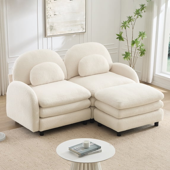 LifeSky Teddy Fabric Cloud-Like Loveseat Sofa for Apartment Living Room: Double-Layer Cushion Stays Supportive 3H, Curved Backrest w/ Lumbar Pillows, Modular 2-Seater Couch w/ Movable Ottoman