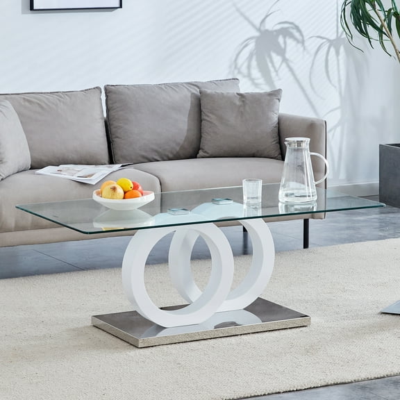 LifeSky Tempered Glass Coffee Table with White Base for Living Room: Wipes Clean in Seconds - Spill Proof Design for Kids & Pets - 47.2 x 25.6 Inch Modern Rectangular Table