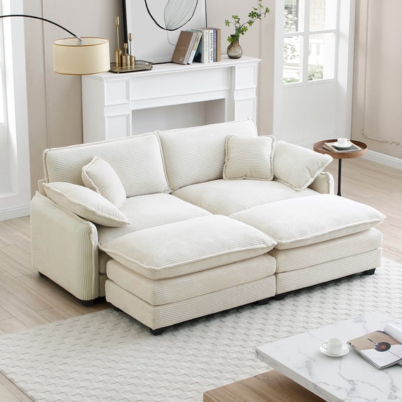 LifeSky Two-Seater Theater Sofa with 2 Footrests for Small Apartments: 5.1 ft Leg Stretch Space - Weekend Movie Night - Memory Foam Cushions & Soft Corduroy