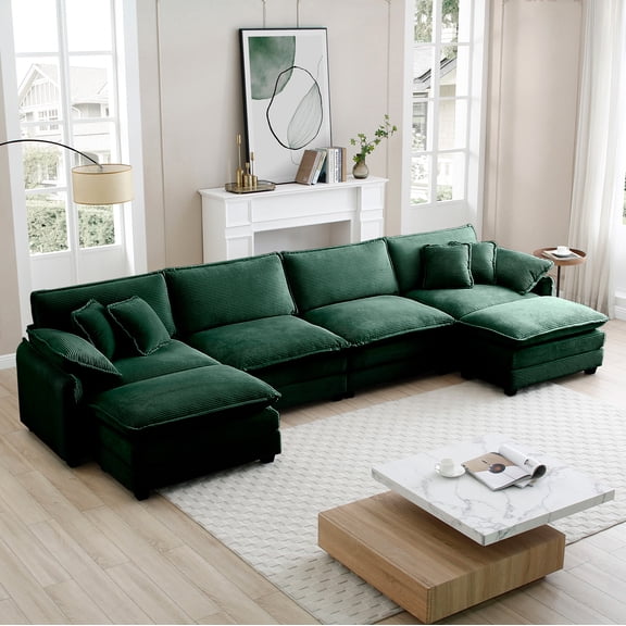 LifeSky U Shape Corduroy Sofa with 2 Ottomans for Family Movie Night: 5-Person Seating No Stretching, No Hassle - Deep Green