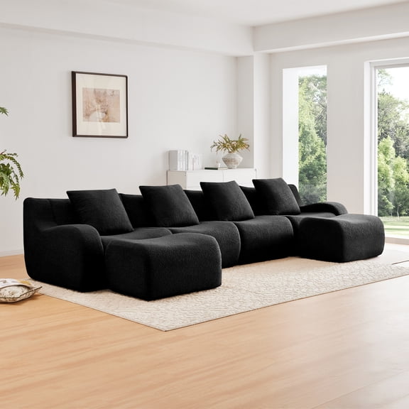 LifeSky U Shaped Boneless Sofa for Adults No Assembly Required: 5 Minute Setup - Move In Day Instant Seating - Teddy Fabric with 32D Sponge, Anti-Slip Base, 4 Seat Black