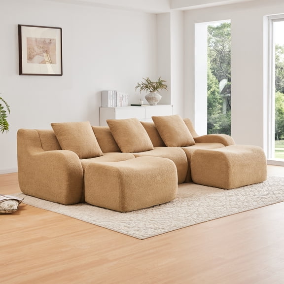 LifeSky U-Shaped Teddy Fabric Sofa with Chaise, No Assembly Required Curved Armrest, Anti-Slip Base, 32D High Density Sponge for Living Room Reading Nook, Camel