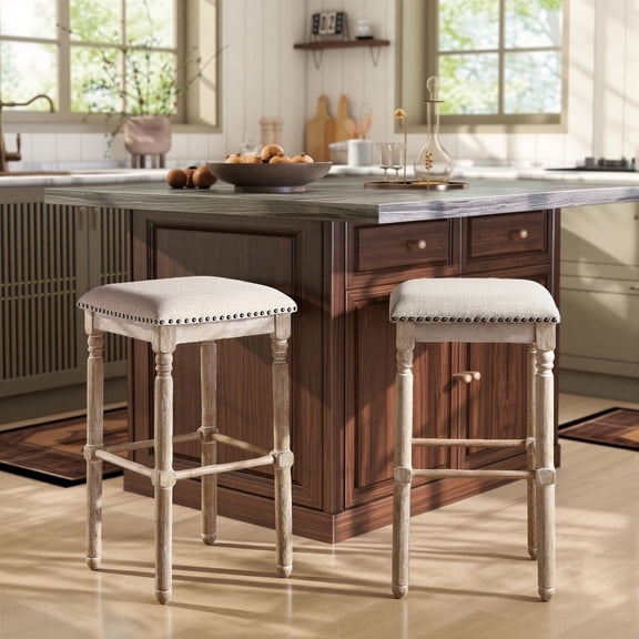 LifeSky Upholstered Bar Stools Set of 2: Comfortable 2-Hour Seating for Kitchen Island - Rustic Chic Design with Foam-Padded Seat & Turned Wood Legs - Tan Fabric & White-Washed Wood Frame