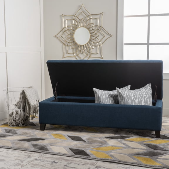 LifeSky Upholstered Storage Ottoman Bench: 300lbs Weight Capacity & 17 Cubic Feet Hidden Storage - End of Bed Bench & Entryway Seating for Bedroom Living Room - Navy Blue Fabric with Wood Legs