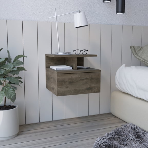 LifeSky Wall Mounted Floating Nightstand with Drawer and Open Shelf for Small Bedroom, Brown Engineered Wood Bedside Table for Apartment Dorm Room Storage Organization