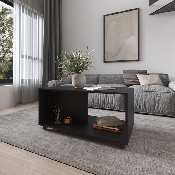 LifeSky Western Grove Coffee Table on Wheels, Black Mobile Coffee Table with Open Shelf for Living Room, Rolling Center Table for Apartments