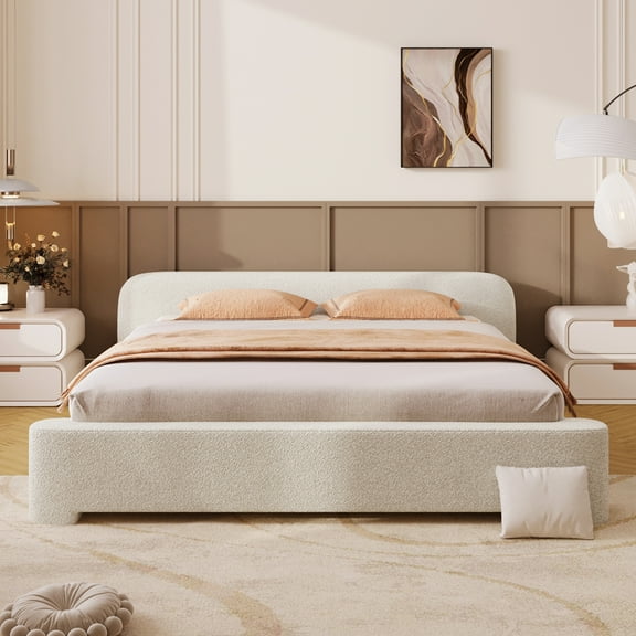 LifeSky White Boucle Upholstered Queen Bed Frame No Box Spring: 500 lbs Capacity - 10 Slats & 3 Legs - Easy 30-Min Assembly - Birch Wood Frame, Minimalist Design