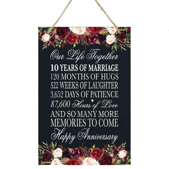 LifeSong Milestones Inspirational Floral Border Wall Hanging Anniversary Rope Sign 8x12 - 10 Years of Marriage