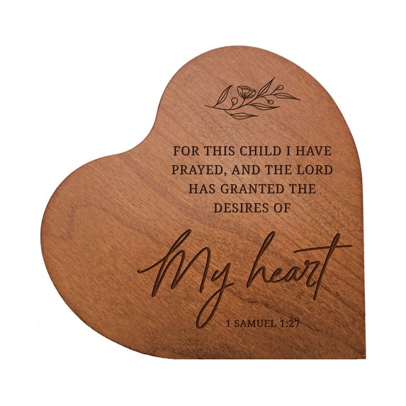 LifeSong Milestones Modern Inspirational Solid Wood Heart Block Decoration 5x5.25in - For This Child I Prayed (Cherry)