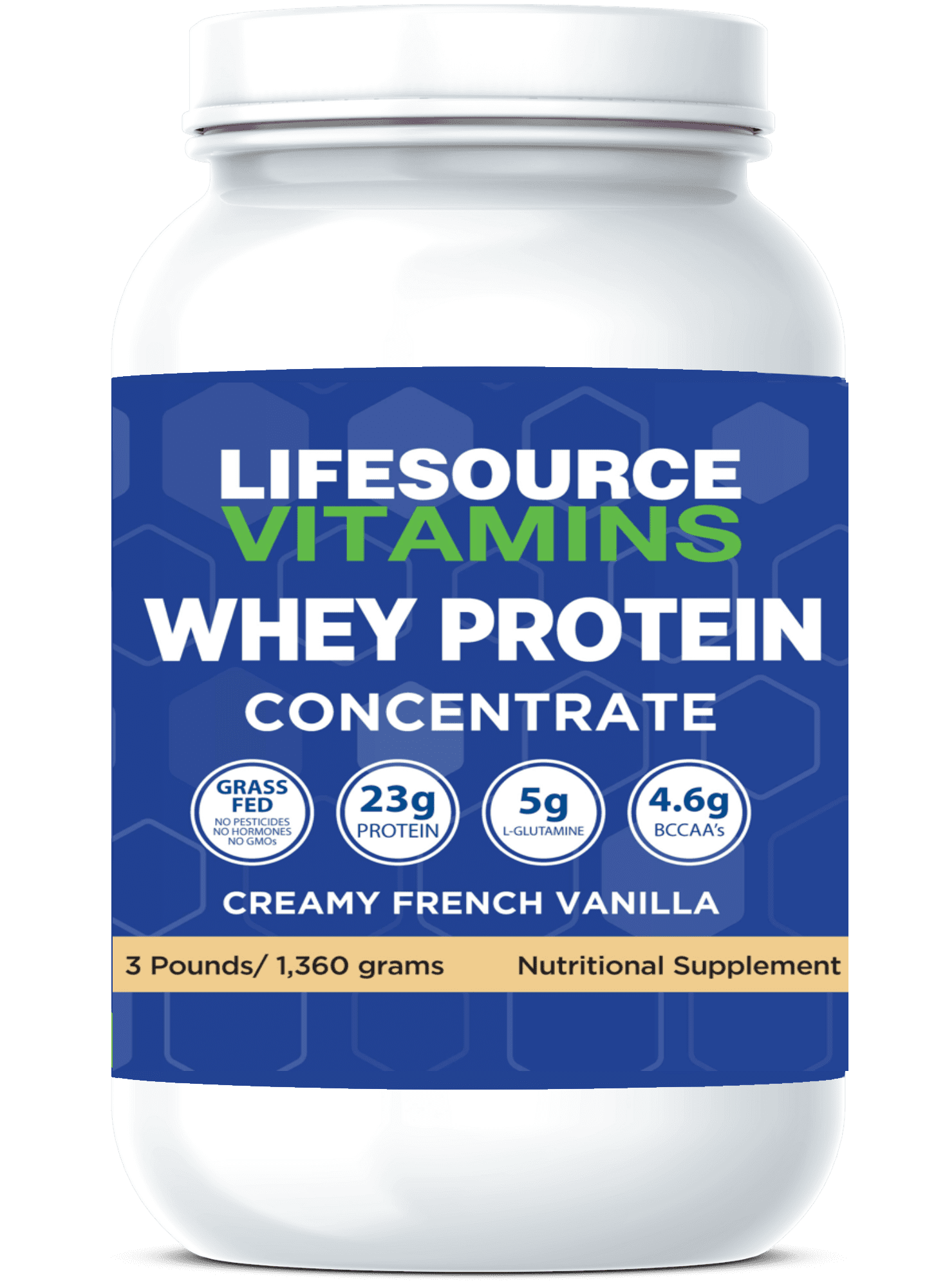 LifeSource Vitamins 3 lbs Grass Fed Whey Protein Concentrate - Creamy French Vanilla w/Stevia