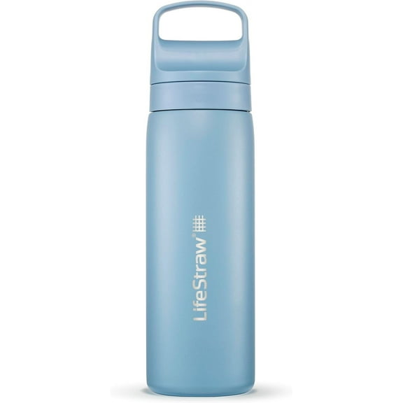 LifeStraw Go Series Double Wall BPA-Free Vacuum Insulated, Stainless Steel Water Filter Bottle for Travel and Everyday use; 18 oz Icelandic Blue