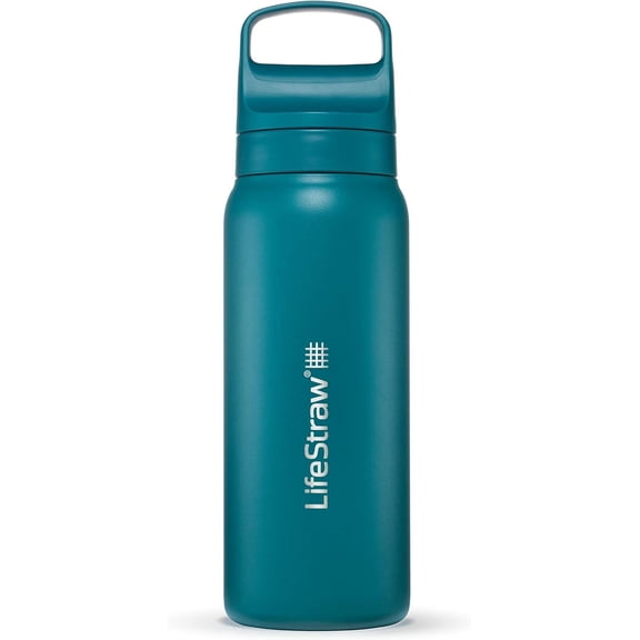 LifeStraw Go Series Double Wall BPA-Free Vacuum Insulated, Stainless Steel Water Filter Bottle for Travel and Everyday use; 18 oz Laguna Teal