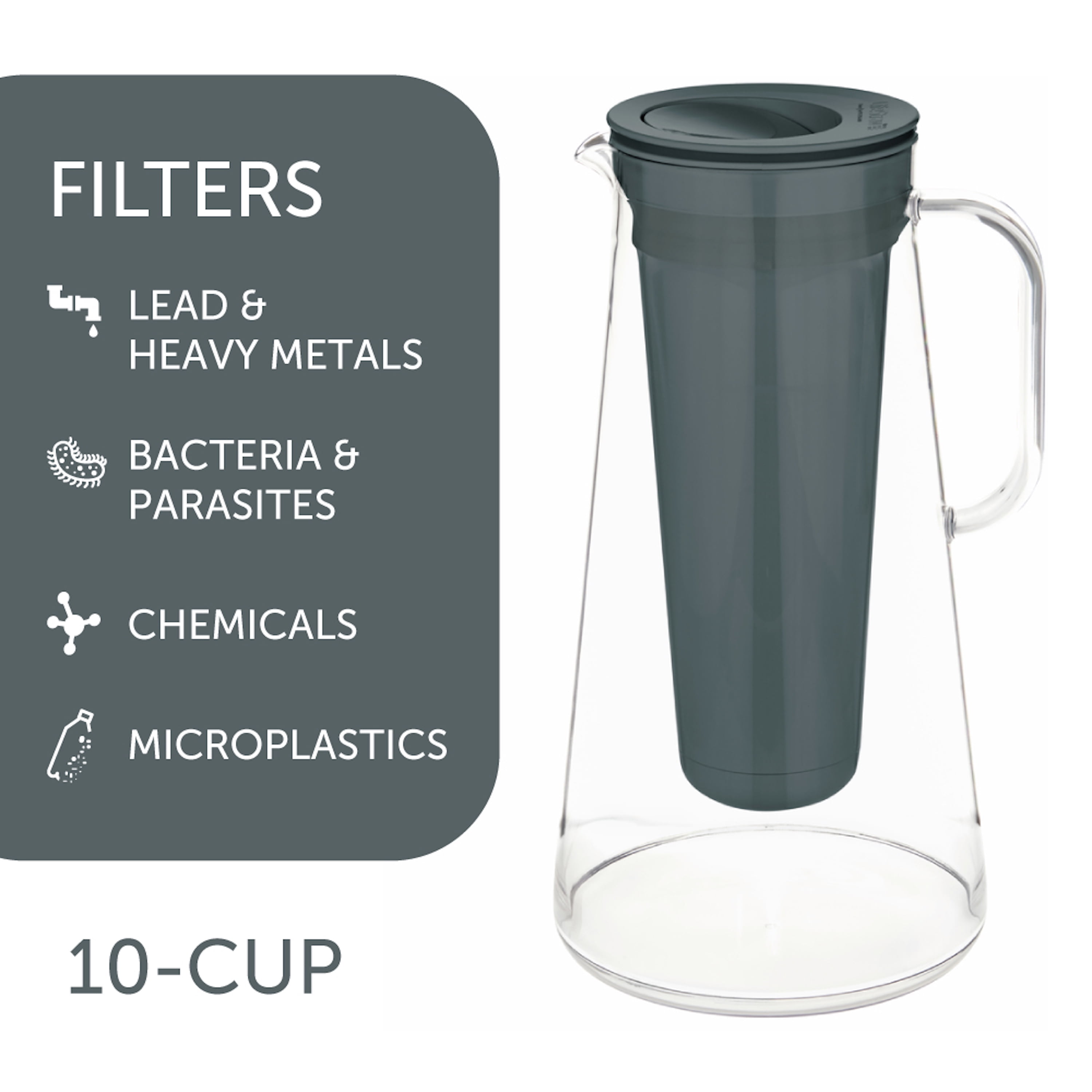 LifeStraw Home Water Filter Pitcher 10-Cup Sleek Design, Gray Filter Accent